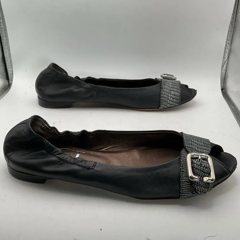 AGL ladies ballet flats shoes 38 1/2 us 8 1/2 black silver peep toe leather chic - Picture 5 of 13